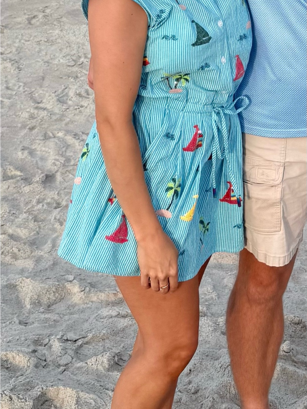 Queen of Sparkles Light Blue Striped Sailboat Embroidered Sleeveless Shirt Dress - Picture 2 of 2